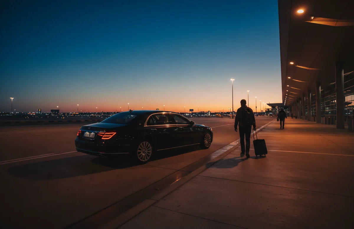 A person with luggage waiting as a car arrives at an airport rideshare pickup area at dusk.