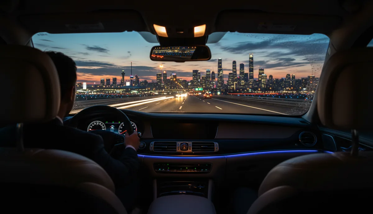 View from the back seat of a car driving on a highway away from an airport at night.