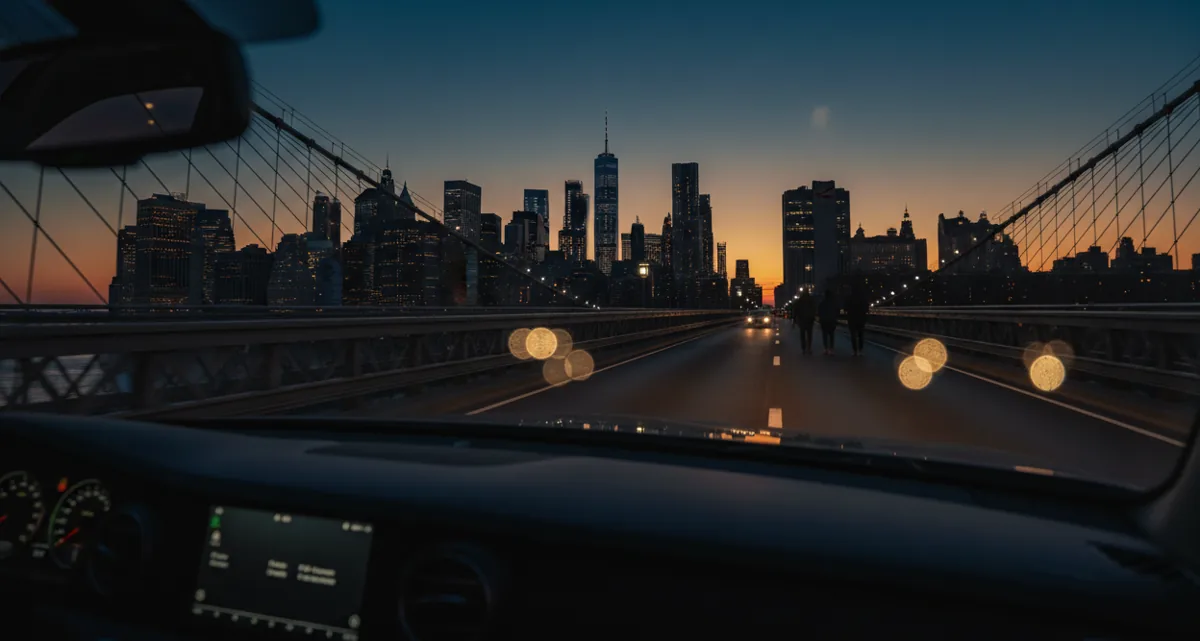 View of the Manhattan skyline at dusk through the windshield of a car on a bridge.