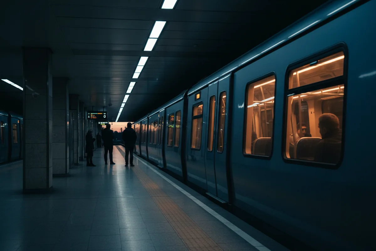 A modern train arriving at a brightly lit underground platform with a few waiting passengers.