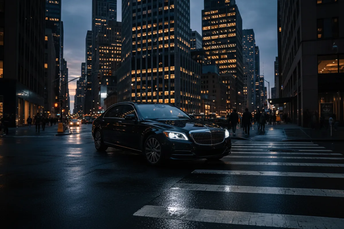A black luxury sedan parked on a wet city street at dusk, with glowing skyscrapers in the background.