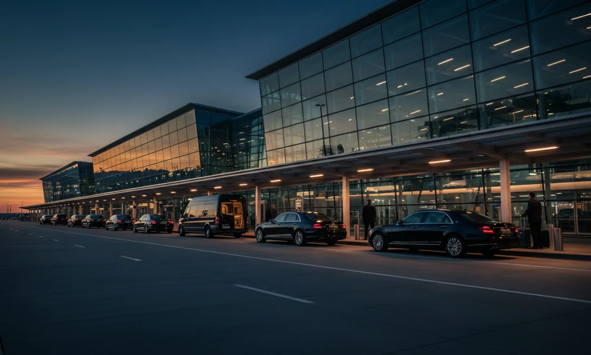 Travelers with luggage wait for cars and shuttles outside an airport terminal at dusk.