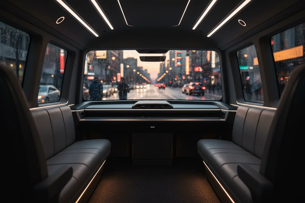 The view from inside a passenger shuttle van driving through a city at night.