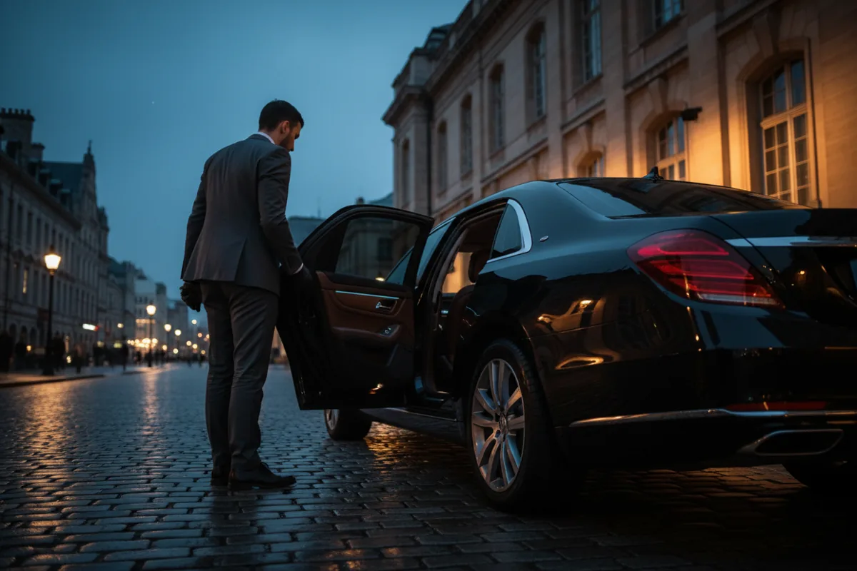 A person in a suit opens the rear door of a luxury black car on a city street at night.