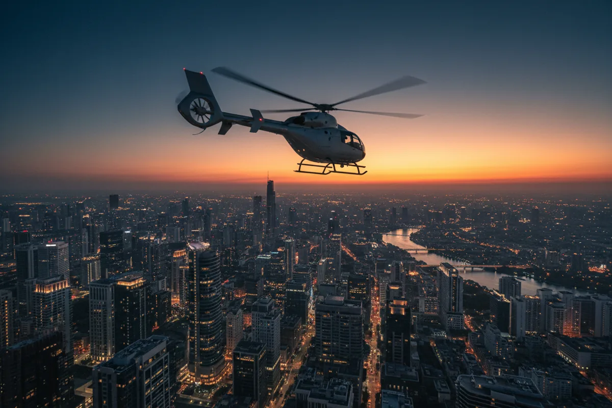 A helicopter flies over a city at twilight as the lights begin to turn on.