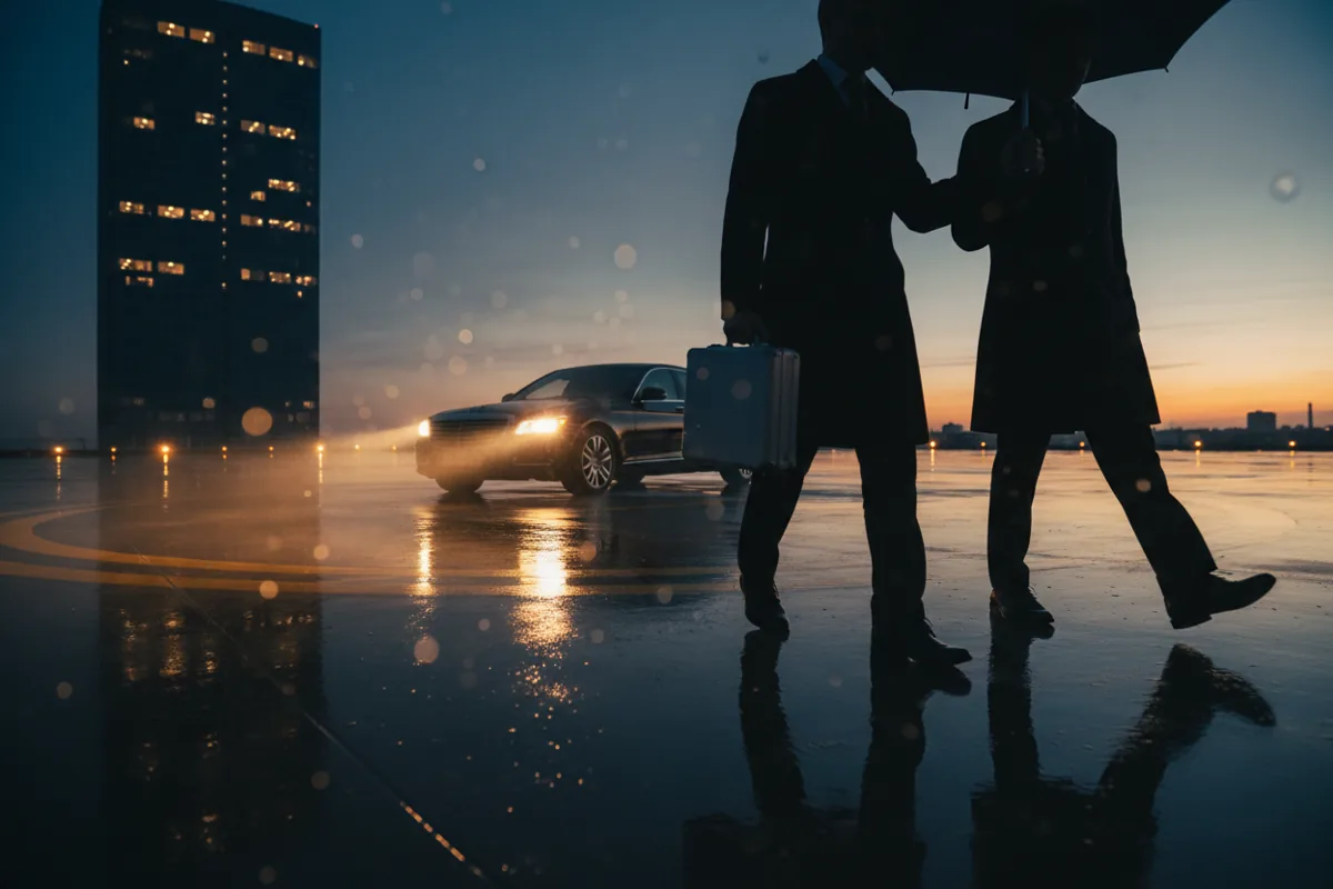 Two people walk across a wet helipad at night, one carrying a case toward a waiting car.