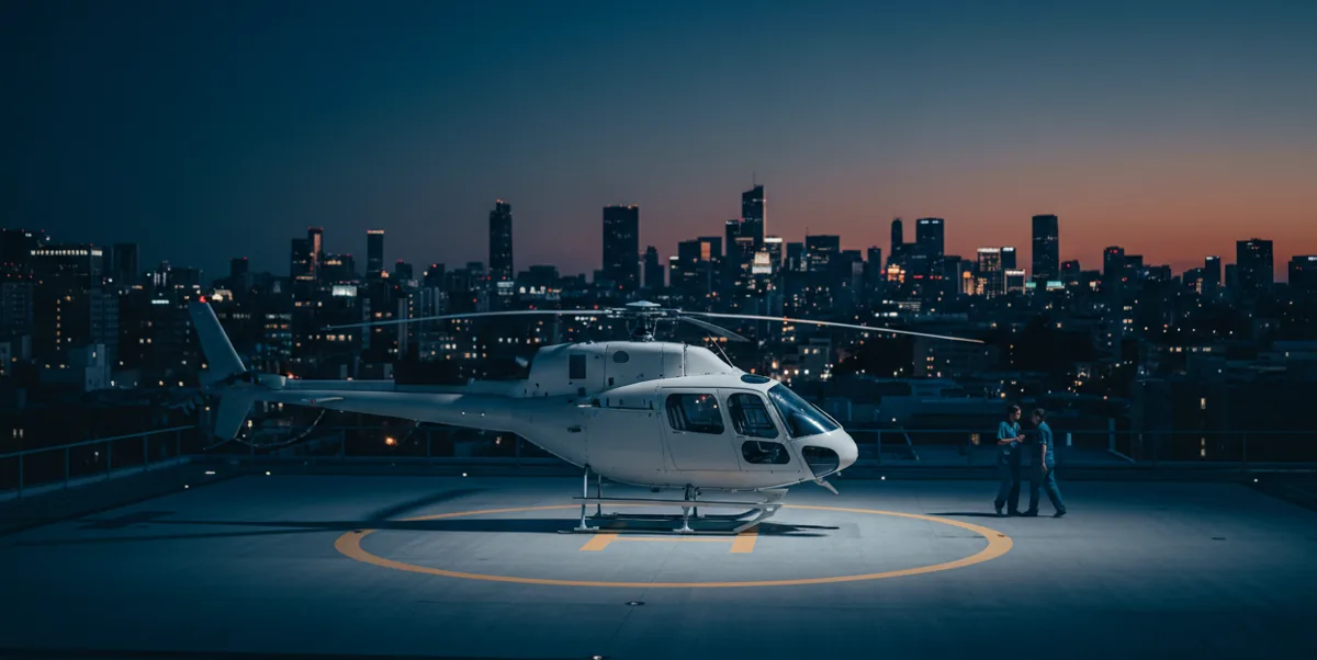 A white helicopter for medical transport parked on a hospital rooftop helipad.
