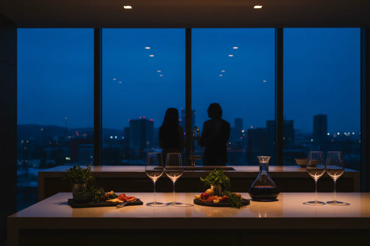 Two people in a modern kitchen during a private cooking class at twilight.