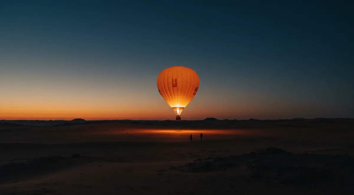 A hot air balloon glows as it floats over a desert landscape at dusk.