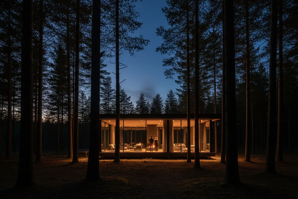 A modern glass cabin glows with warm light in a forest at twilight.