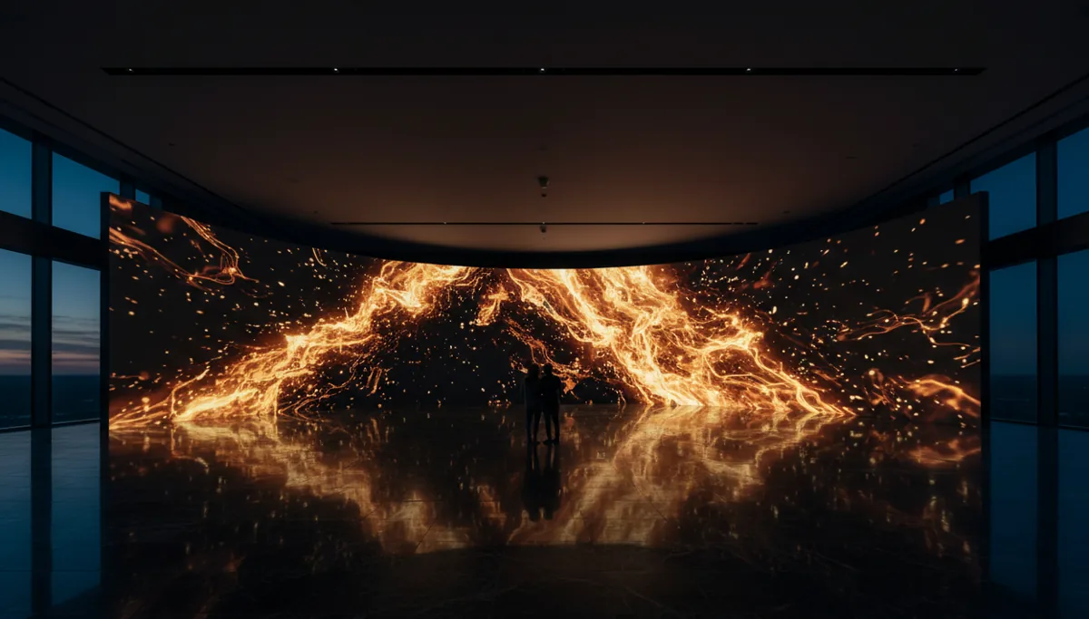 A couple silhouetted in a dark room, surrounded by an immersive, glowing digital art projection.
