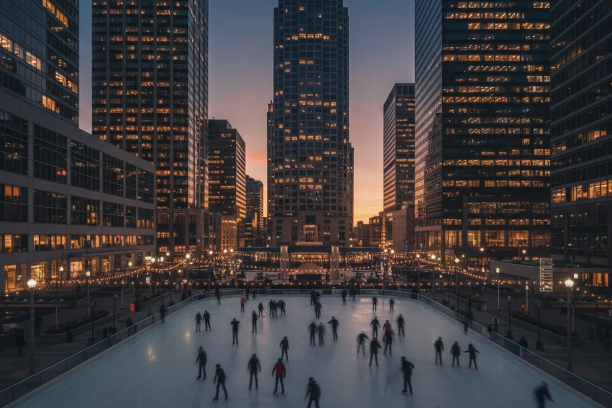 An outdoor city ice rink at dusk, with blurred skaters and glowing buildings in the background.