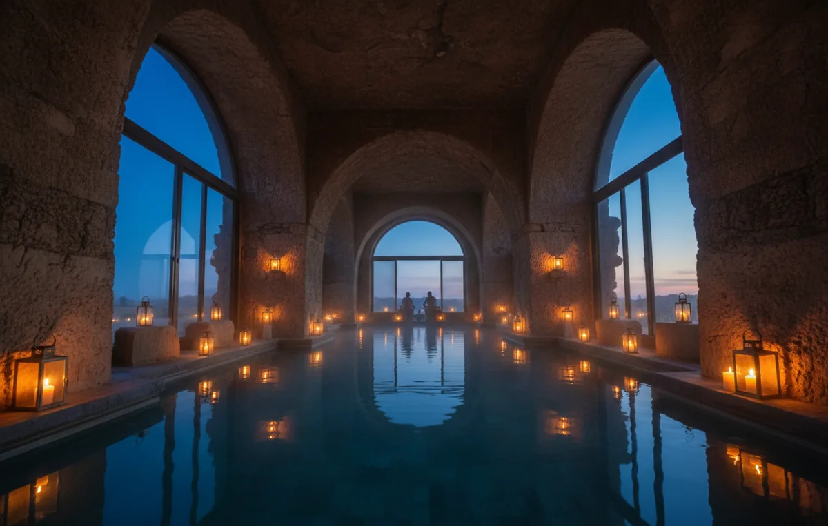 A serene, candlelit indoor pool surrounded by stone arches in a dimly lit, steamy room.