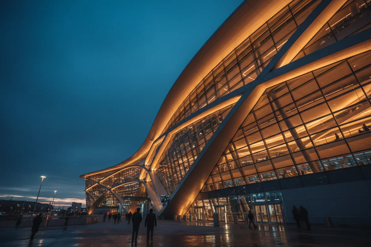 The illuminated glass and steel exterior of a modern airport terminal at twilight.