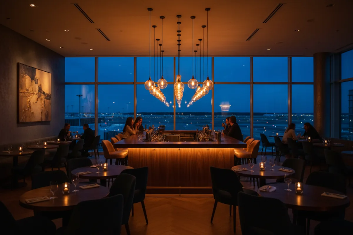 A stylish, warmly lit airport bar with large windows overlooking the airfield at dusk.