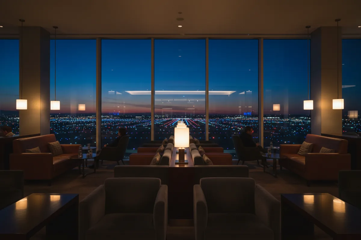 A quiet, luxurious airport lounge with chairs facing a window with a view of the tarmac at night.