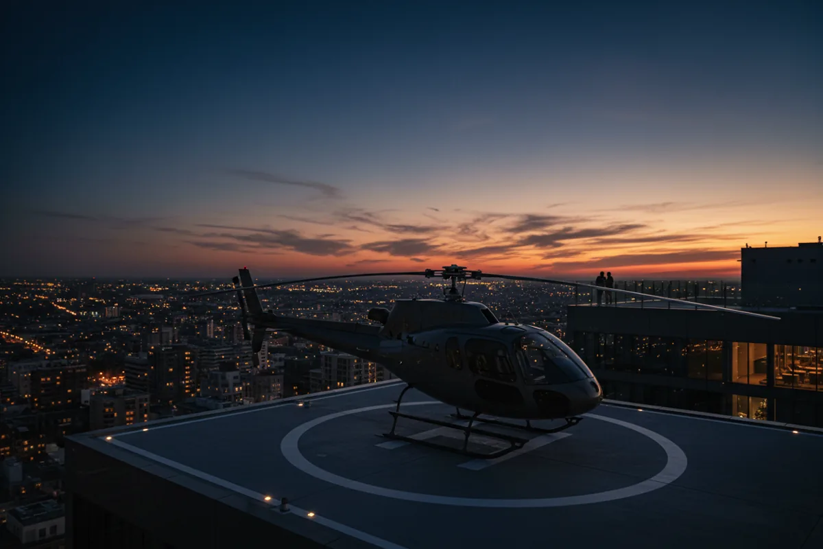 A luxury helicopter sits on a rooftop helipad with a blurred city skyline at dusk.