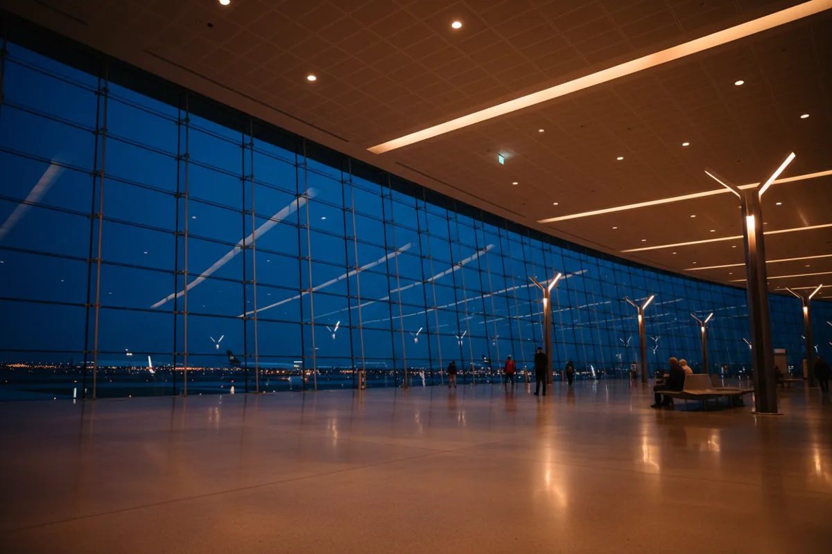 A modern, empty airport terminal with large windows looking out onto a tarmac at dusk.