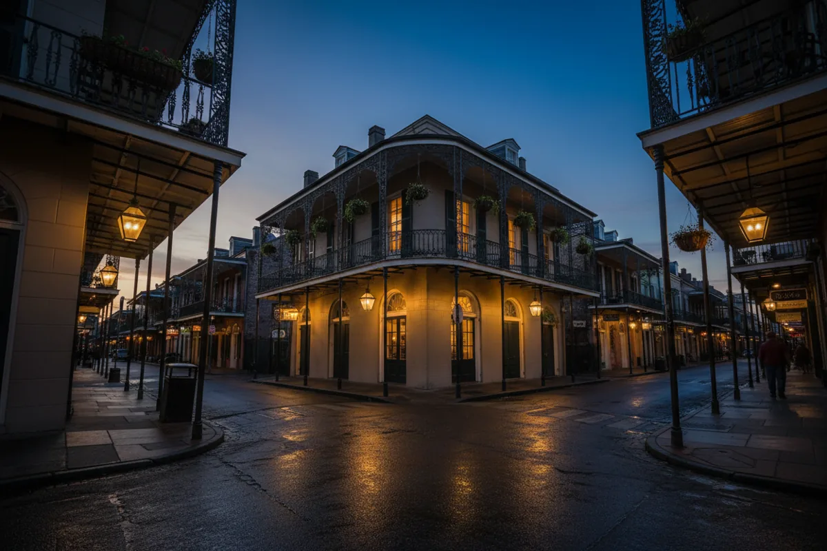 A New Orleans French Quarter street corner with glowing gas lamps at dusk.