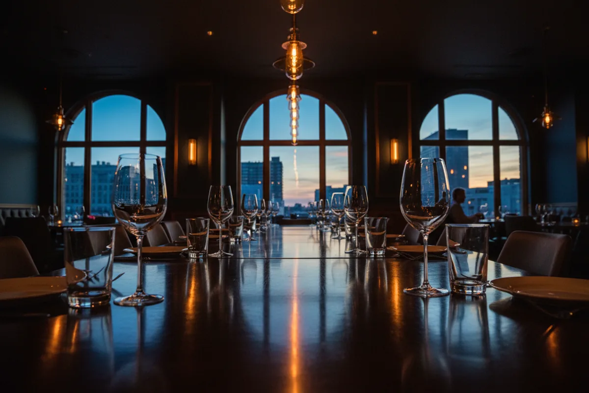 The interior of a dimly lit, upscale steakhouse with a long table set for a group dinner.