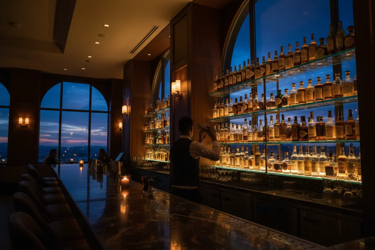 A bartender preparing a drink at a sleek, dimly lit cocktail bar with glowing bottles on the shelves.