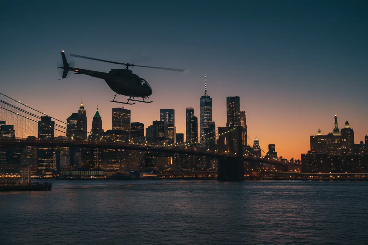 A helicopter flying over the illuminated skyline of Lower Manhattan and the Brooklyn Bridge at dusk.