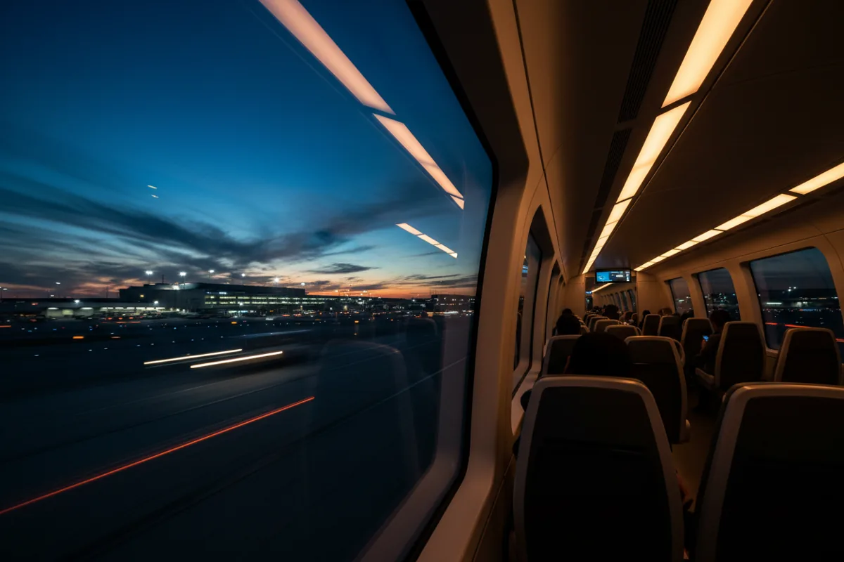 The view from an airport train at dusk, showing blurred airfield lights and the terminal in the distance.