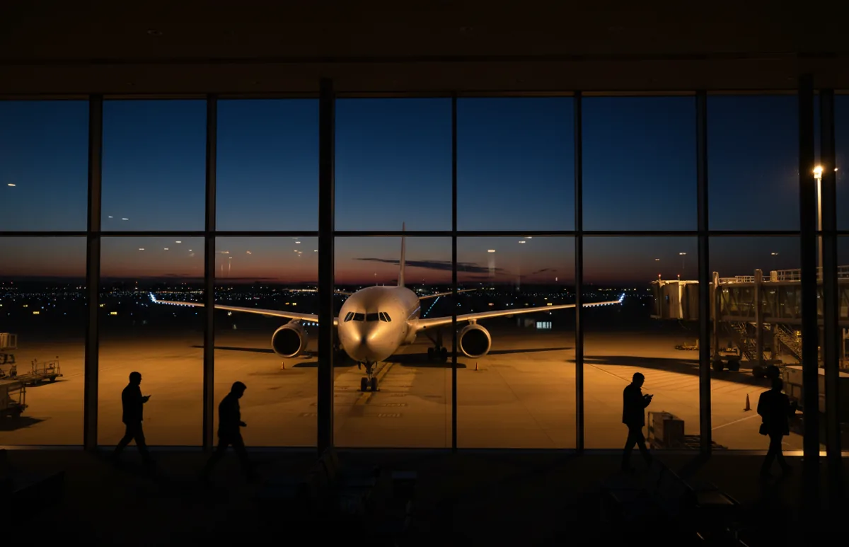 A passenger jet parked at an airport gate at night, seen from inside the terminal.