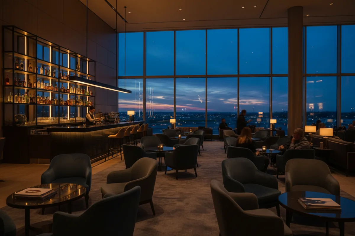 The warm, dimly lit interior of a modern, empty airport lounge at dusk.