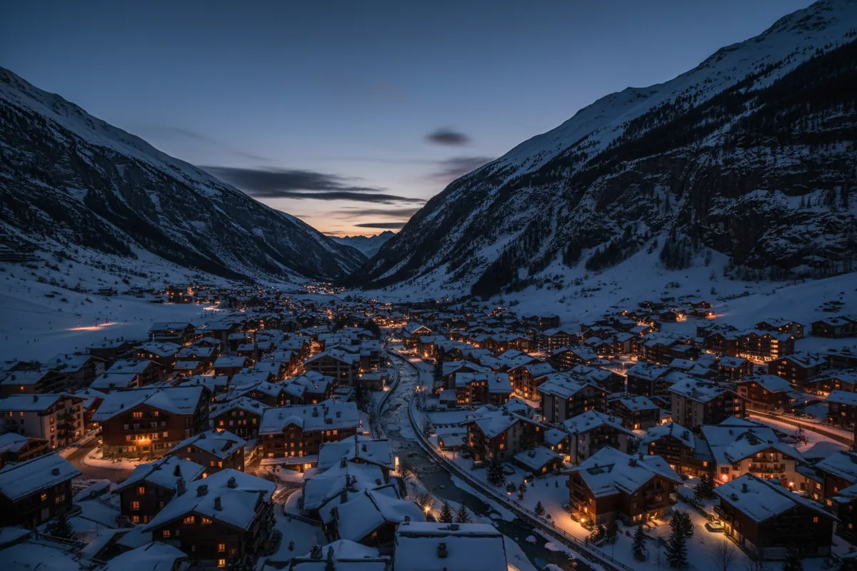 The alpine village of Val d'Isère glows with warm lights in a snowy valley at dusk.