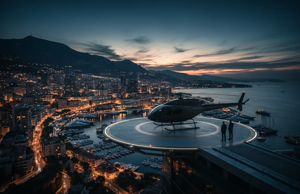 A helicopter on a helipad overlooking the glowing lights of Monaco's harbor at dusk.