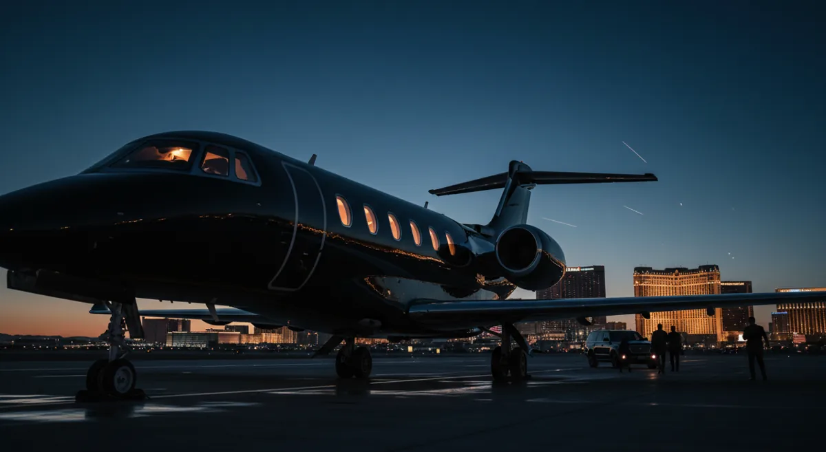 A private jet on an airfield at dusk, with the Las Vegas skyline in the background.