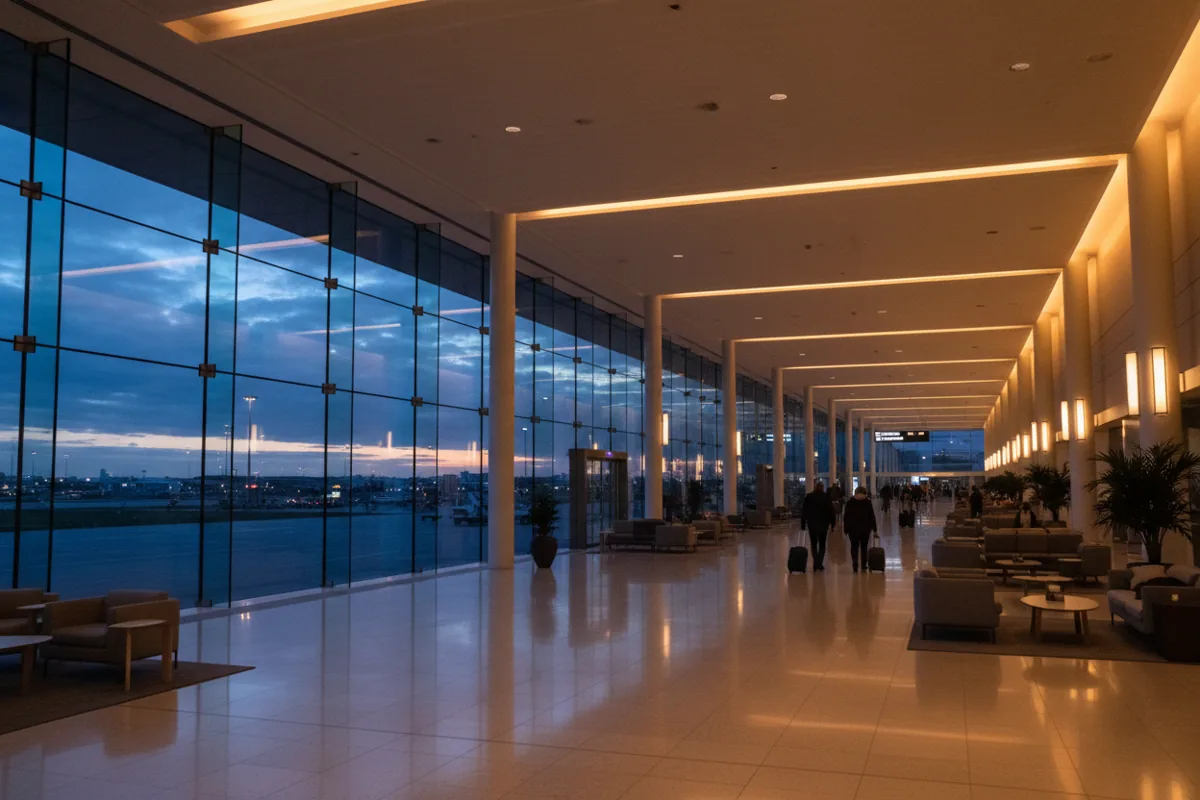 A modern airport lounge with large windows looking out onto the tarmac at night.