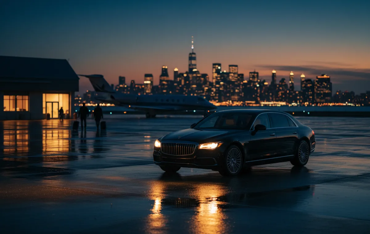 A black luxury car waiting on the tarmac near a private jet at night.
