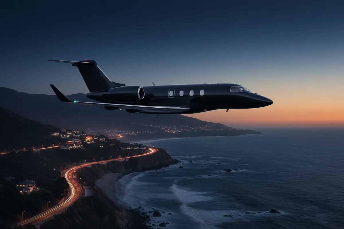 A private jet flies along a coastline illuminated by city lights at twilight.