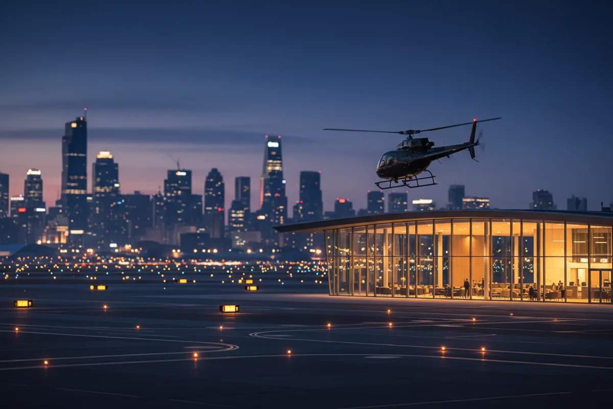 A helicopter approaches a glowing, modern airport terminal at dusk.