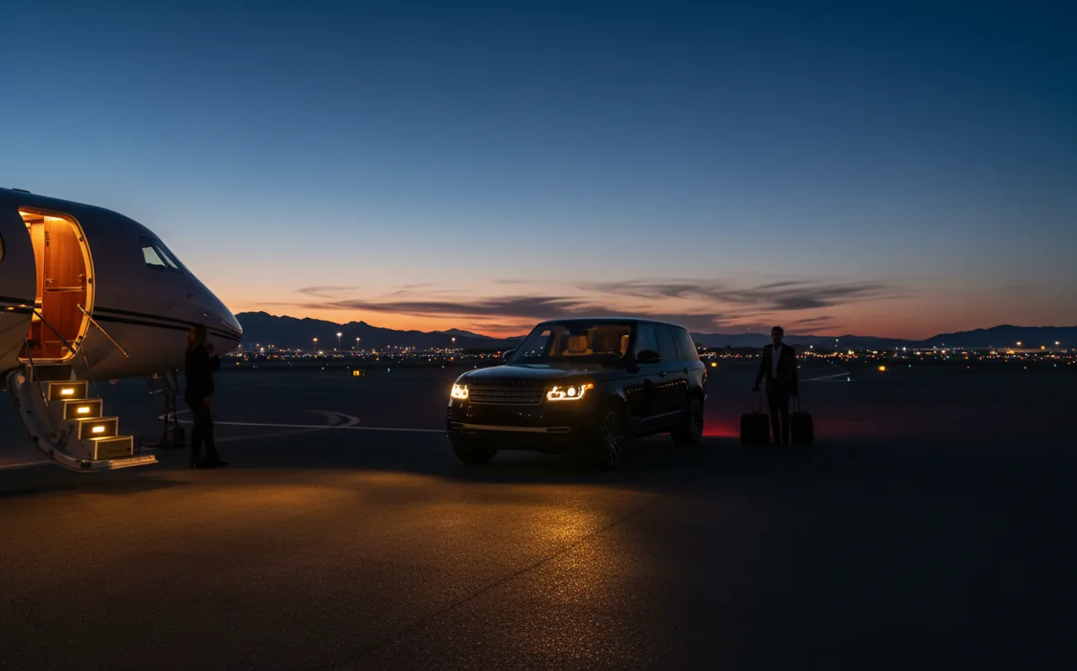 A luxury SUV with its headlights on waits beside a private jet on the tarmac at twilight.