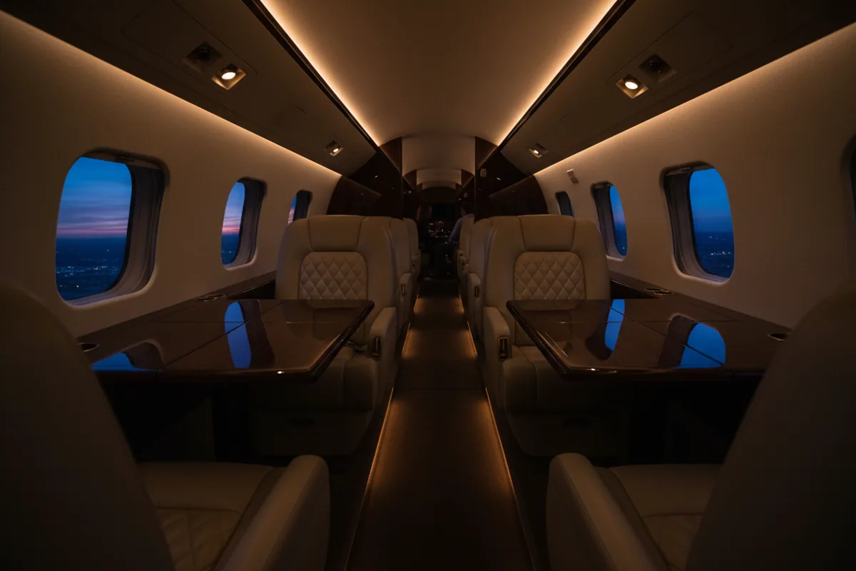 The luxurious interior of a private jet cabin with leather seats and warm lighting at dusk.