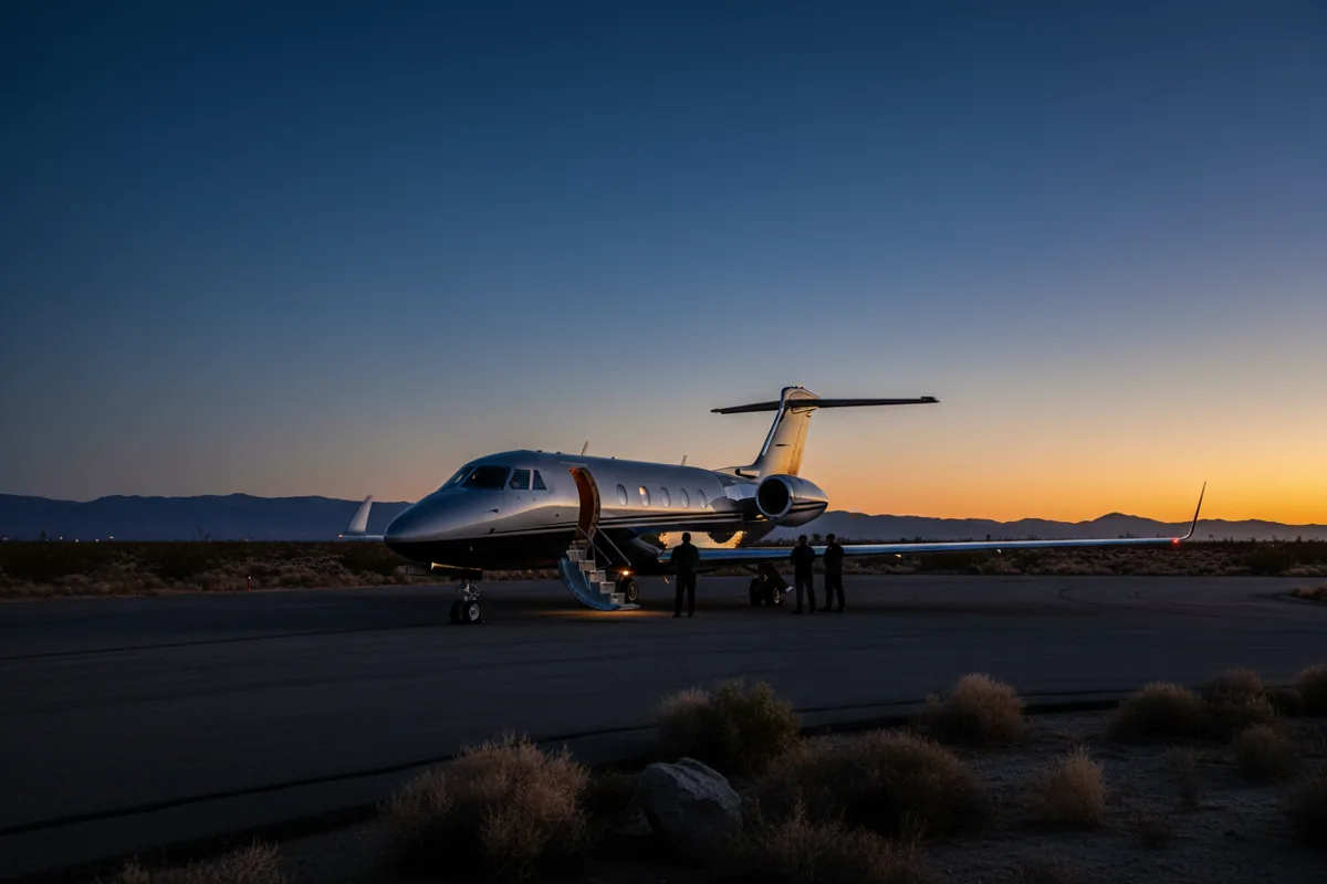 A private jet parked on an airport tarmac in the desert at sunrise.