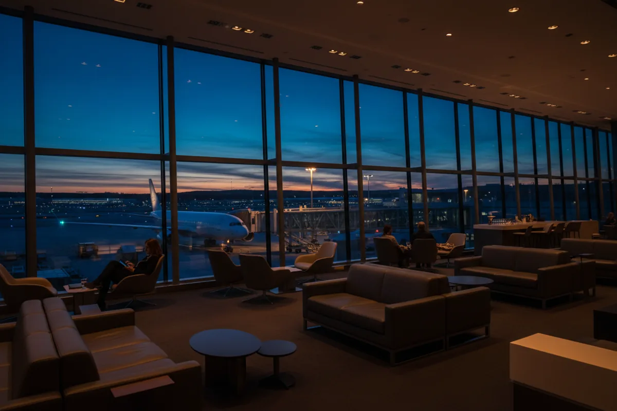 A quiet airport lounge with large windows looking out onto the tarmac and an airplane at dusk.