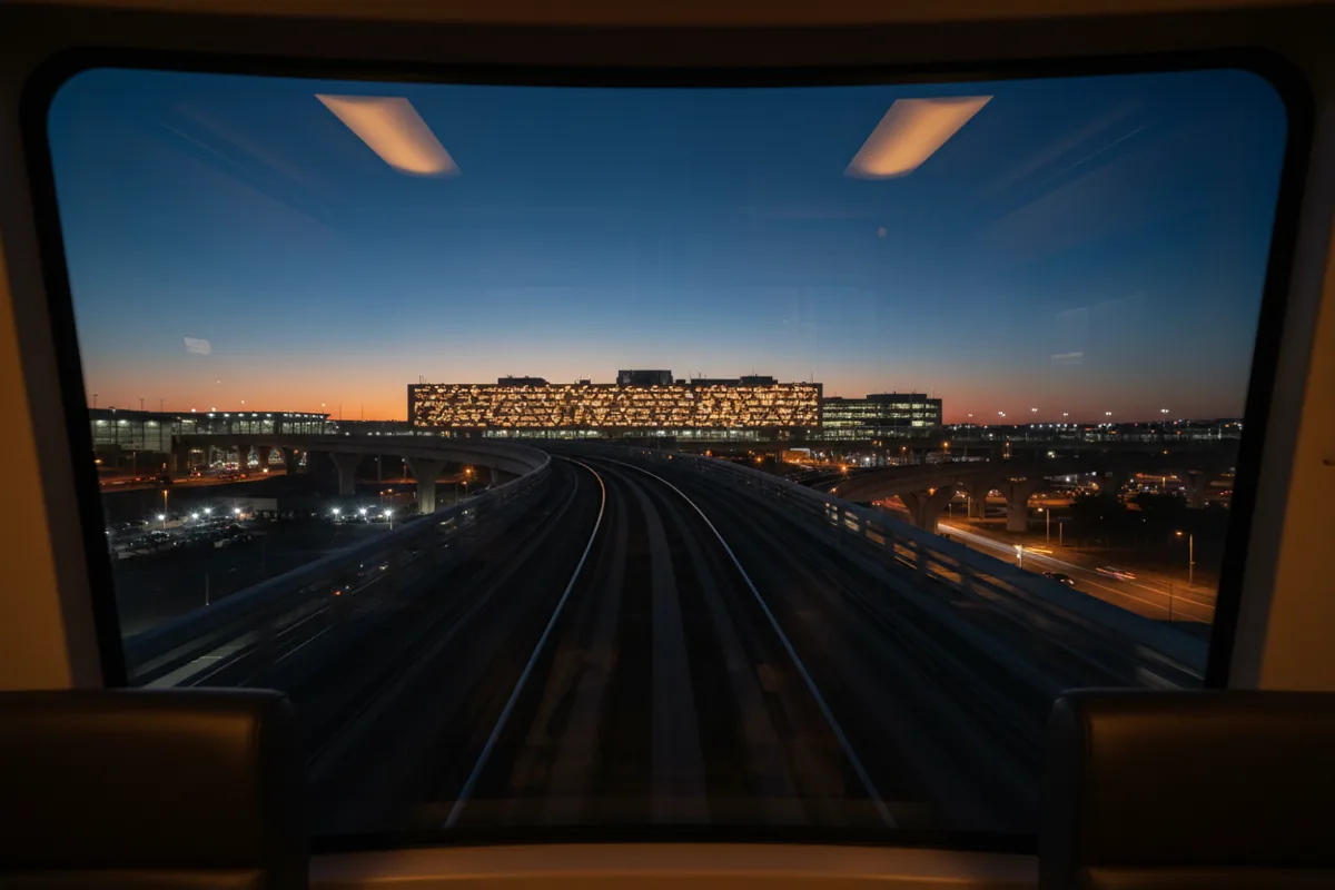 The view of a brightly lit airport terminal at night from a moving train.