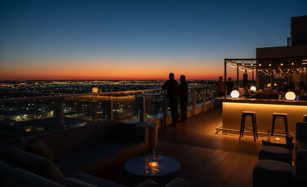 A rooftop hotel bar with a distant view of an airport's lights at night.