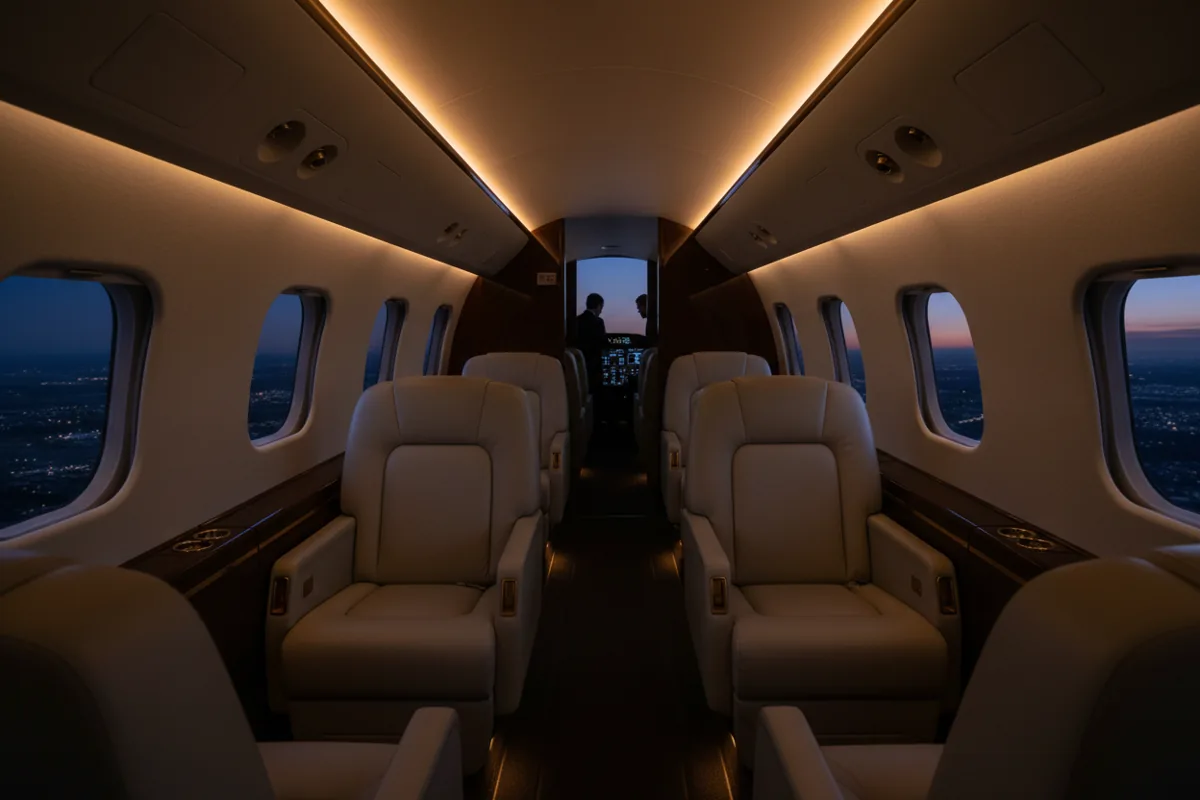 The luxurious interior of a private jet cabin at night, with warm ambient lighting.