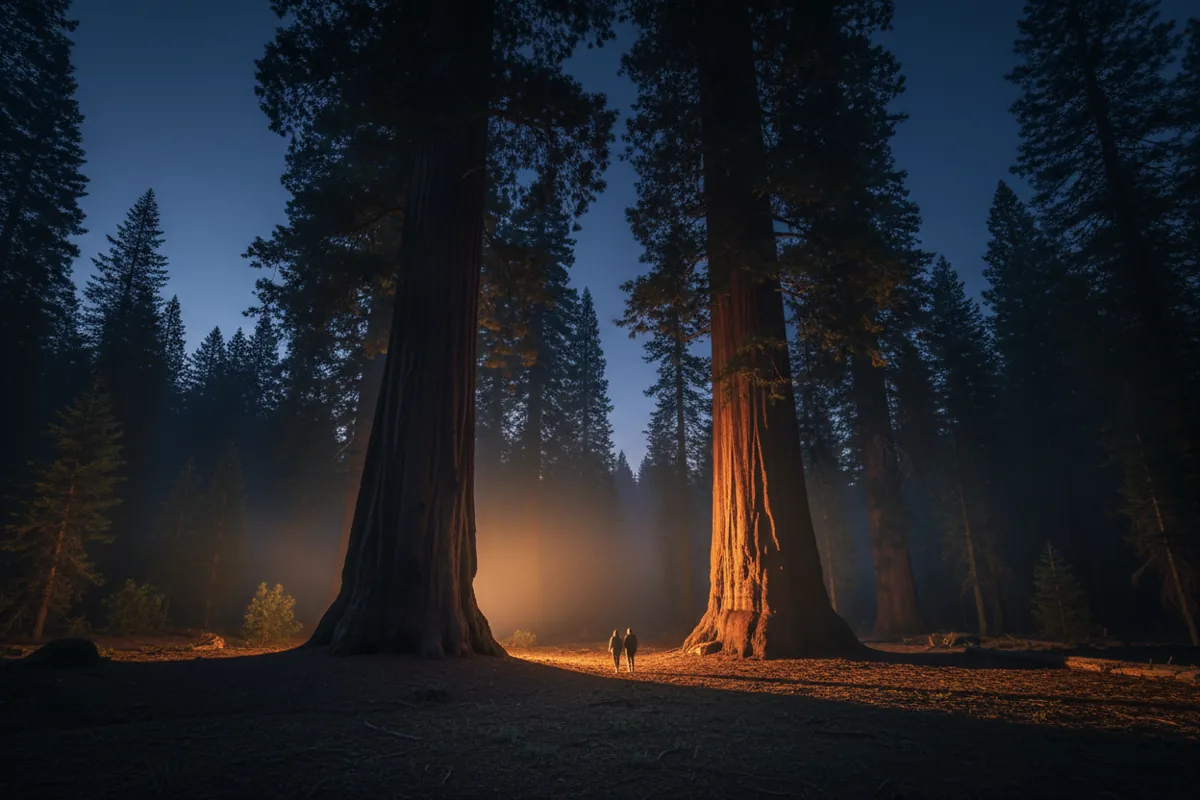 Giant sequoia trees silhouetted against the sky at dusk in a national park.