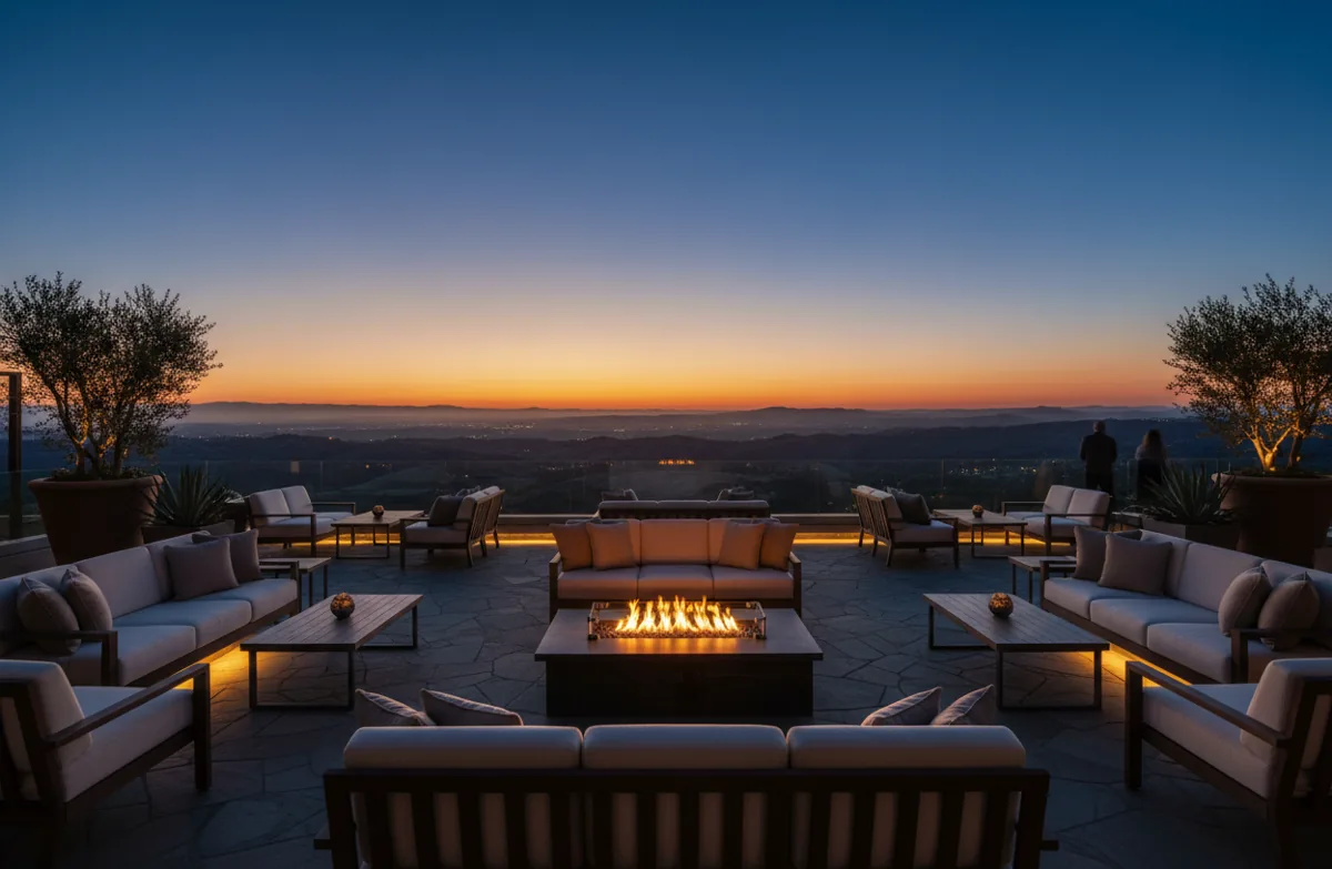 A luxury hotel terrace with a fire pit overlooking hills at twilight.