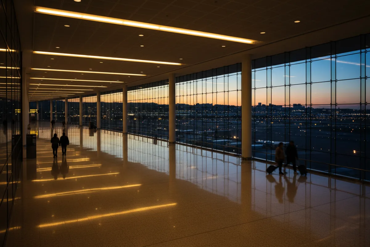A spacious, modern airport concourse at dusk with a few travelers walking.