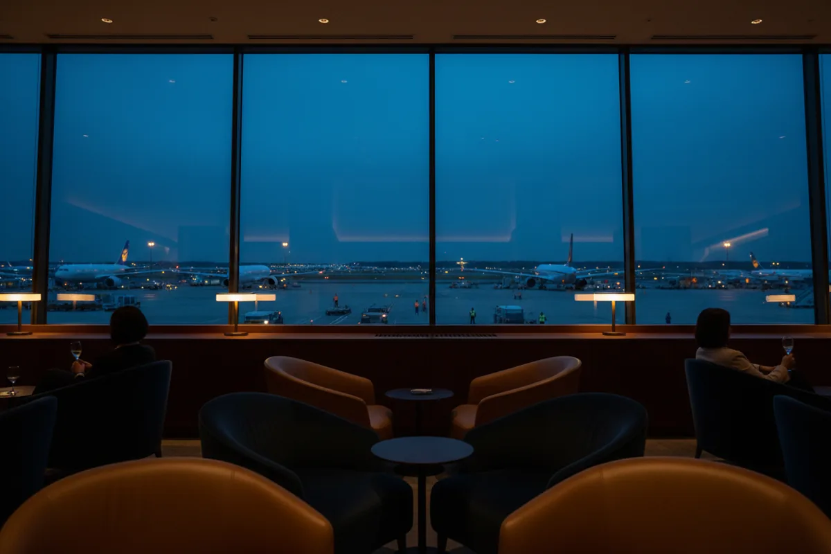 Empty armchairs in a quiet airport lounge overlooking the tarmac at night.