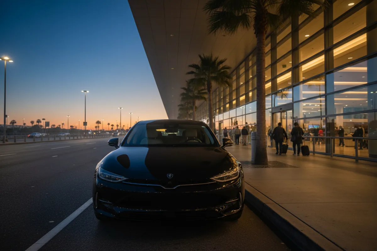 A black car waiting for a passenger outside an airport terminal at night.