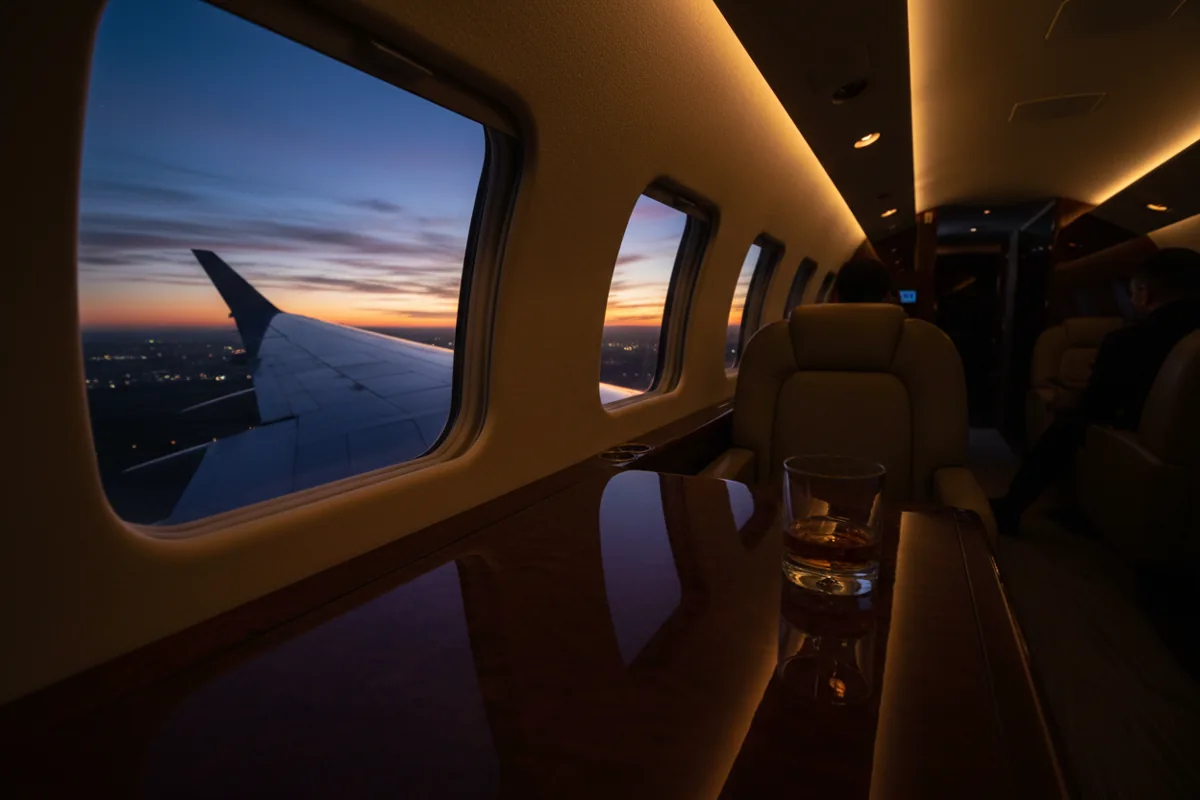 View from a private jet window at twilight, showing the aircraft's wing against a dark blue sky.