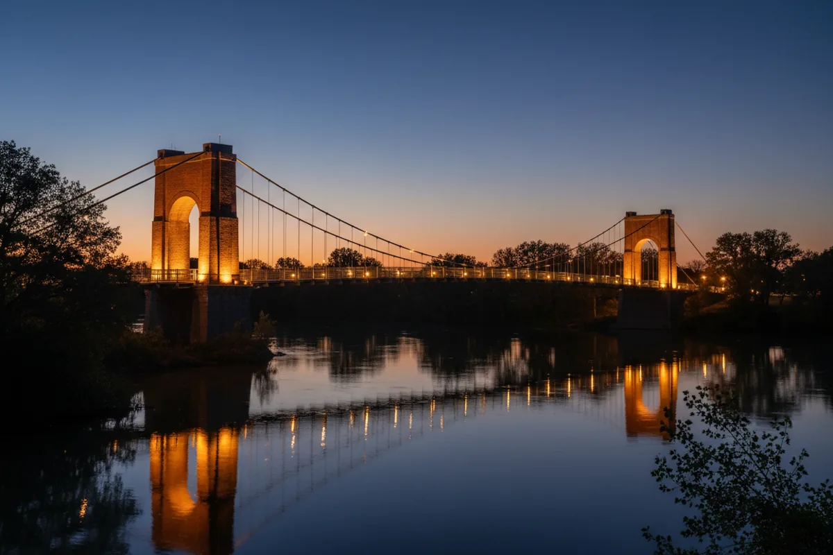 The red-brick towers of the Waco Suspension Bridge lit over the Brazos River at blue hour.